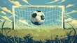 flat colors, art deco football themed illustration of a flying football towards the goal without people