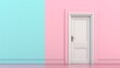 A closed white door in a blue and pink pastel room.