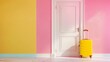 A yellow suitcase sits in front of a closed white door. The walls are painted in bright pastel colors. The suitcase is ready to be packed for a summer vacation.