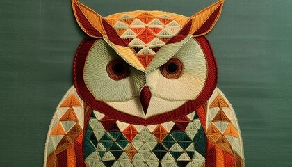 A geometric owl embroidered in a low poly style, with earth tones on a muted green background 