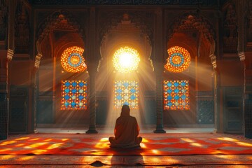 An individual sits in peaceful meditation in the radiant interior of an ornately decorated mosque with vibrant stained glass