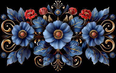  Indian motif Mughal flower, ornament symmetrical along two axes Palekh style, Russian style