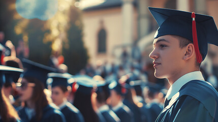 Wall Mural - Young man, a graduate of a college or university, wearing a graduation gown and cap, stands with a group of students at a graduation ceremony.