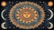 Mandala featuring a celestial motif with sun  moon  and stars