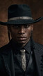 Handsome young black male wearing black tee suit and cowboy hat. Texas heritage.