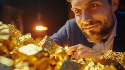 Poster - A businessman conducting research on gold mining stocks and companies, exploring investment opportunities in the precious metals sector.