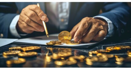Poster - A businessman conducting research on gold mining stocks and companies, exploring investment opportunities in the precious metals sector.
