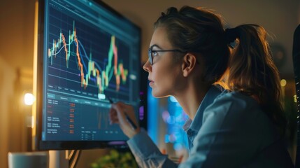 Wall Mural - A businesswoman analyzing market trends and gold prices on a computer screen, strategizing for profitable investment decisions.