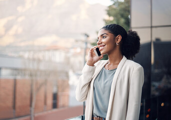 Poster - Phone call, city and business black woman in conversation for planning, talking and networking. Communication, professional and worker on office balcony on smartphone in discussion, speaking and chat