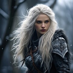 Poster - Fierce winter warrior woman with flowing white hair