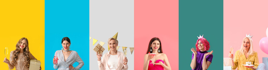 Poster - Collage of happy women during party on color background