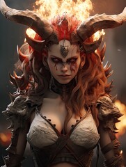 Wall Mural - demonic fantasy warrior woman with horns and fiery background