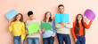 © Pixel-Shot - Group of young people with blank speech bubbles on color background