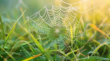 Poster - A close-up of a dew-covered spider web suspended between blades of grass, showcasing the intricate beauty of natural geometry.