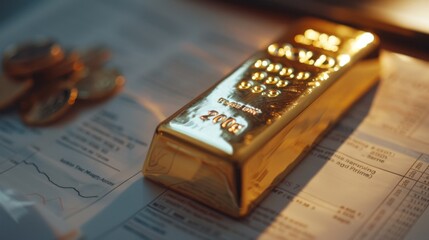 Poster - A close-up of a golden bar resting on a financial report, symbolizing wealth management and investment strategies in the gold market.