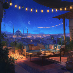 A Serene Urban Escape: Enjoy the View of Istanbul's Famous Attractions from a Comfortable Terrace Seating at Night.