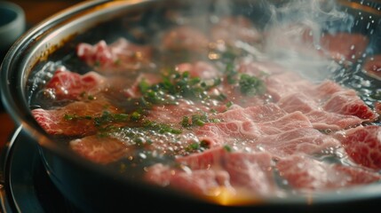 Wall Mural - A close-up of thinly sliced marbled beef being dipped into a bubbling pot of flavorful broth, capturing the essence of shabu-shabu cooking.