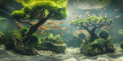 Verdant Underwater Grove in Aquarium: This vibrant aquarium showcases an underwater grove with lush greenery and orange fish, creating a tranquil natural escape.