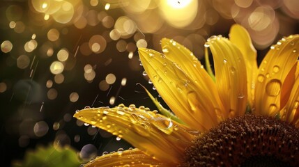 Poster - A dynamic shot capturing raindrops falling on the vibrant petals of a sunflower, creating a mesmerizing dance of light and water.