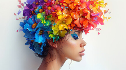 Wall Mural - masterpiece of art with this stunning high-detail painting of a woman with colorful rainbow flower hair. isolated on white backdrop.