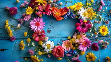 Wall Mural - A blue background with a heart made of flowers. The flowers are of different colors and sizes. The heart is surrounded by a variety of flowers, including daisies, roses, and sunflowers