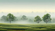 misty meadows, foggy fields with elm trees. field landscape. vector background