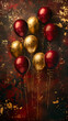 A photograph of gold and red balloons on a grungy background.