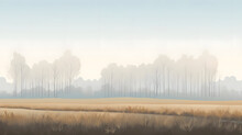Foggy Fields, Mist Covered Farmland With Poplar Trees. Field Landscape. Vector Background