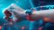© PrusarooYakk - Visualize a wearable fitness tracker powered by nanoelectronics, focusing on its compact size and multifunctional capabilities