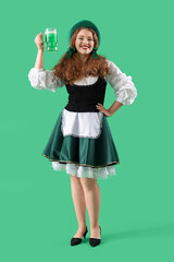 Poster - Young Irish waitress with beer on green background. St. Patrick's Day celebration