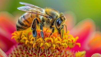 Poster - A macro shot of a honeybee collecting pollen from a vibrant flower, highlighting the essential role of pollinators in ecosystems.
