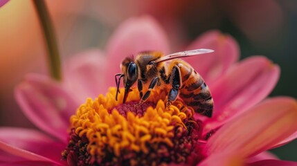 Poster - A macro shot of a honeybee collecting pollen from a vibrant flower, highlighting the essential role of pollinators in ecosystems.