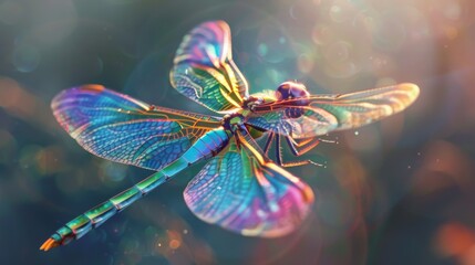 Poster - A mesmerizing close-up of a dragonfly in mid-flight, its iridescent wings shimmering in the sunlight as it gracefully glides.