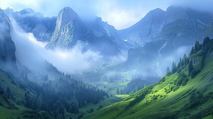 Wall Mural - Amazing nature scenery, mountains under morning mist