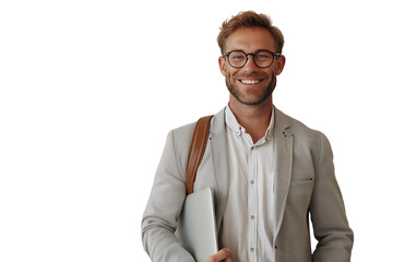 Young man standing holding laptop and looking at camera on isolated transparent background