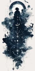 Aufkleber - a black and white drawing of a woman with a moon in the background. monochromatic ink illustration w