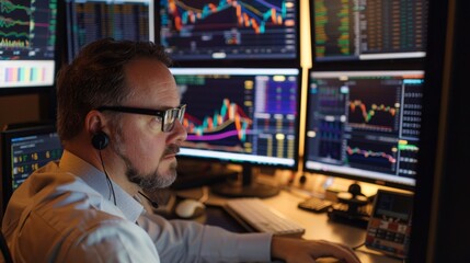 Fototapete - A professional trader monitoring gold price movements on multiple screens, leveraging technical analysis for profitable trading strategies.