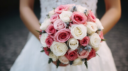 Wall Mural - A bride holds her bridal bouquet of pink and white red roses