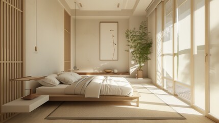 Poster - A serene minimalist bedroom with clean lines, neutral tones, and uncluttered space, promoting rest and relaxation in modern style.