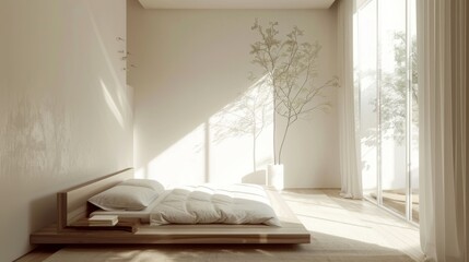 Poster - A serene minimalist bedroom with clean lines, neutral tones, and uncluttered space, promoting rest and relaxation in modern style.