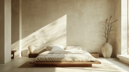 Poster - A serene minimalist bedroom with clean lines, neutral tones, and uncluttered space, promoting rest and relaxation in modern style.