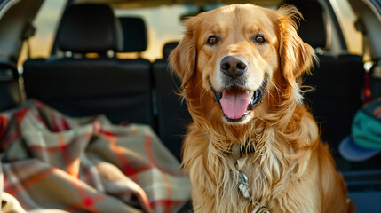 Wall Mural - Golden retriever dog sitting in car trunk ready for a vacation trip