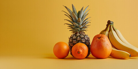 Wall Mural - pineapple, apple, two oranges and lemon, bananas on vivid yellow background with copy space
