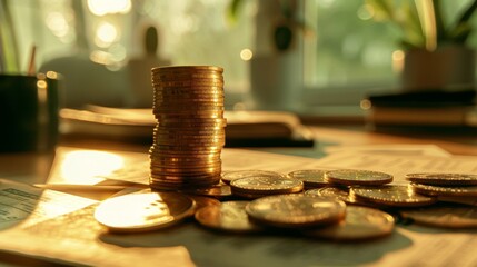 Poster - A stack of gold coins and financial documents on a desk, illustrating the integration of precious metals into comprehensive financial plans.