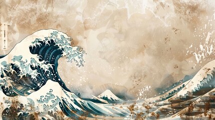 Great wave in ocean as vintage Japanese style illustration wallpaper background. AI generated illustration