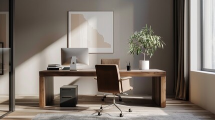 Poster - A stylish home office in a minimalist style, with a sleek desk, ergonomic chair, and organized workspace for maximum productivity.