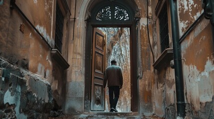 A man standing in a doorway of an old building. Suitable for architectural and urban themed projects