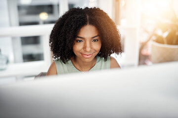 Poster - Woman, computer of smile at startup, business or thinking of tech, planning or company mockup. Black female employee, pc or happy of vision, idea or dream of professional digital connectivity