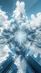 Wall Mural - geometry lines and mirrored glass reflections creative abstract background, blue sky and futuristic contemporary fractal structure