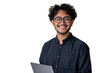 © Irfan Hameed - Young man standing holding laptop and looking at camera on isolated transparent background